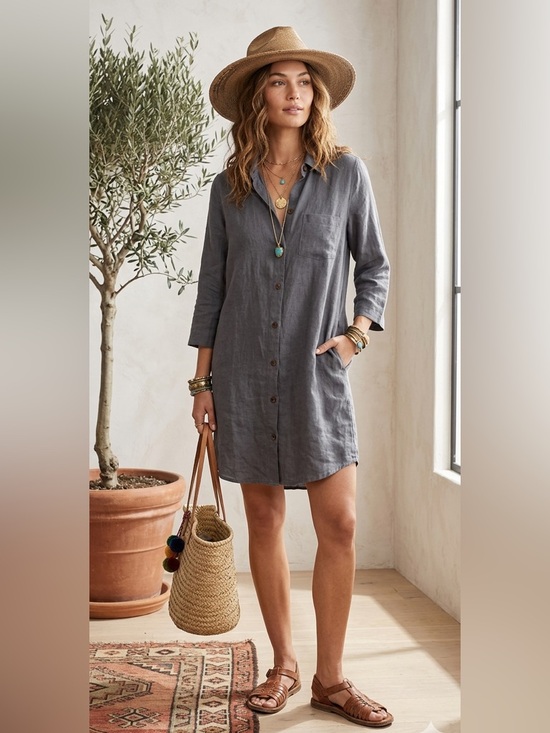 Vikolino Dresses & Skirts - Vikolino European Linen Shirt Dress S Small Gray Lagenlook Button Down Classic